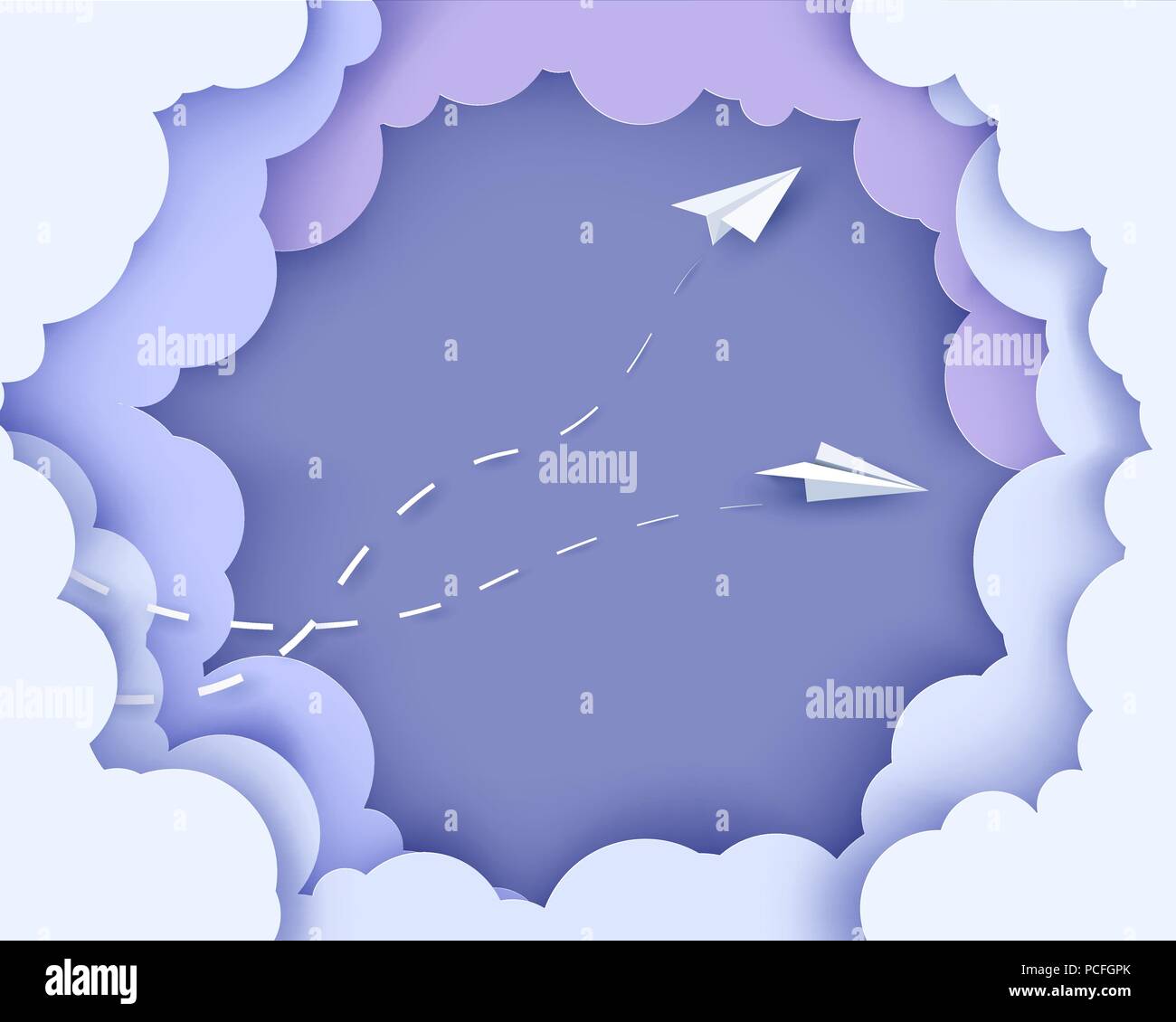 Papierflugzeuge fliegen auf Wolken Hintergrund. Papier schneiden Stil. Vector Illustration. Papier schneiden Stil. Vector Illustration Stock Vektor