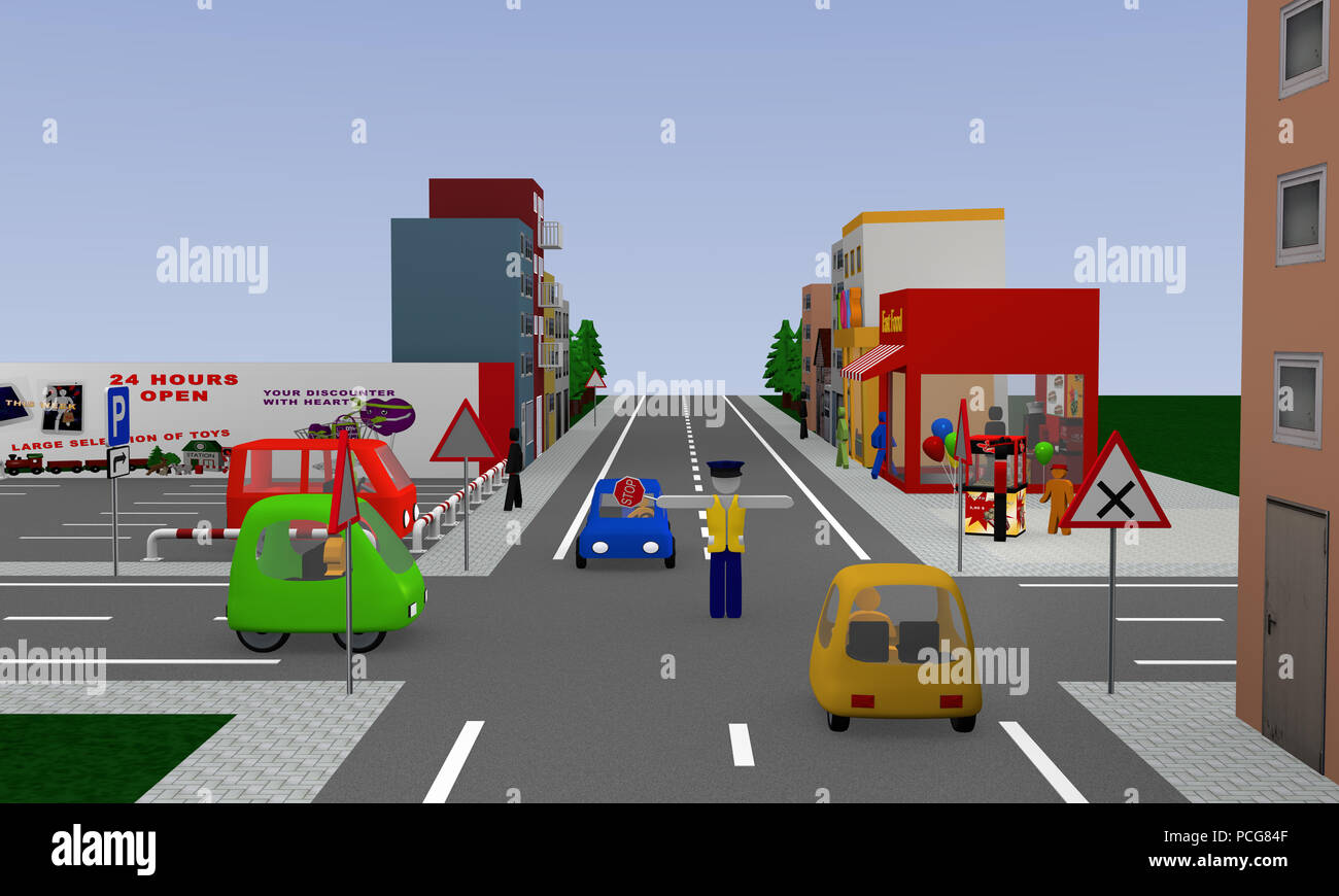 Blick auf die Stadt mit Verkehr Situation: Traffic Control von einem Polizisten, zu stoppen. 3D-Rendering Stockfoto