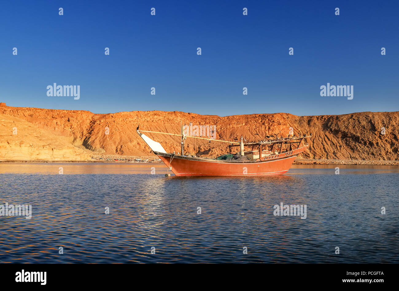 Angedockt traditionellen Fischerboot wurde ein sicherer Hafen für Zugvögel Stockfoto