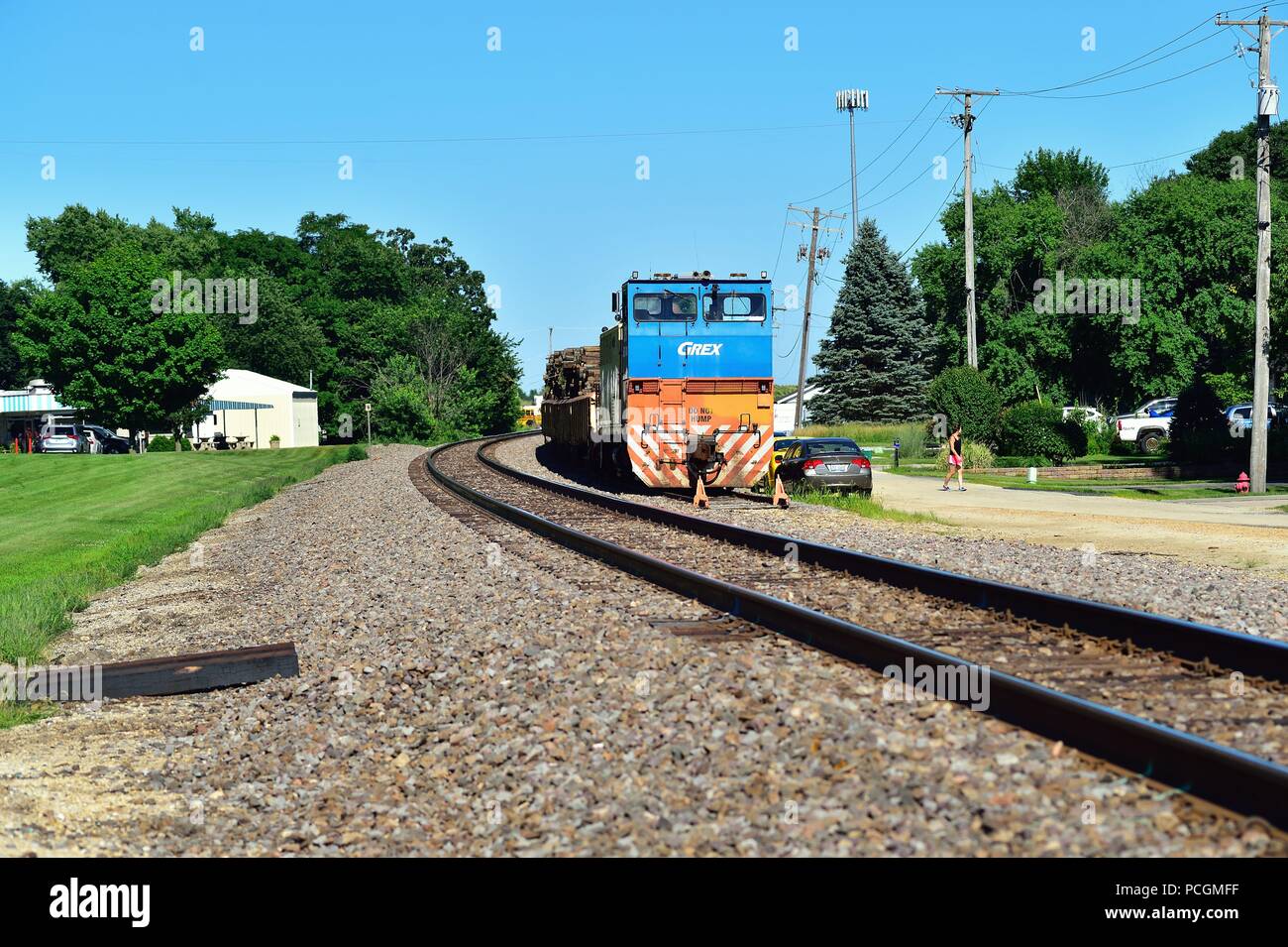 Hinckley, Illinois, USA. Ein Zug sitzt auf einem Abstellgleis auf der Burlington Northern Santa Fe Railway Tracks in der kleinen Illinois commuinty von Hinckley. Stockfoto