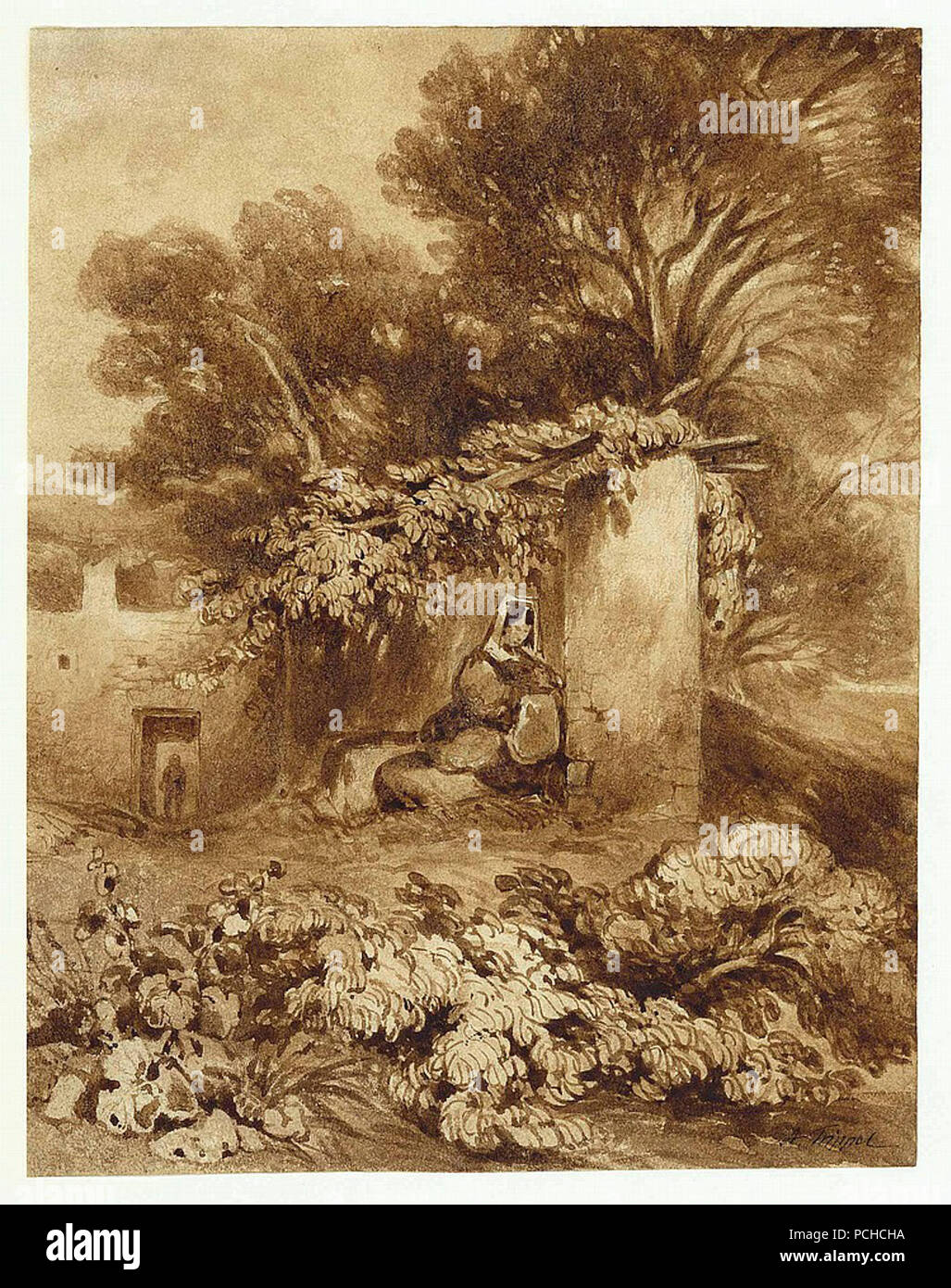 Albert Ludwig Trippel - Südliche Landschaft mit rastender Bäuerin. Stockfoto
