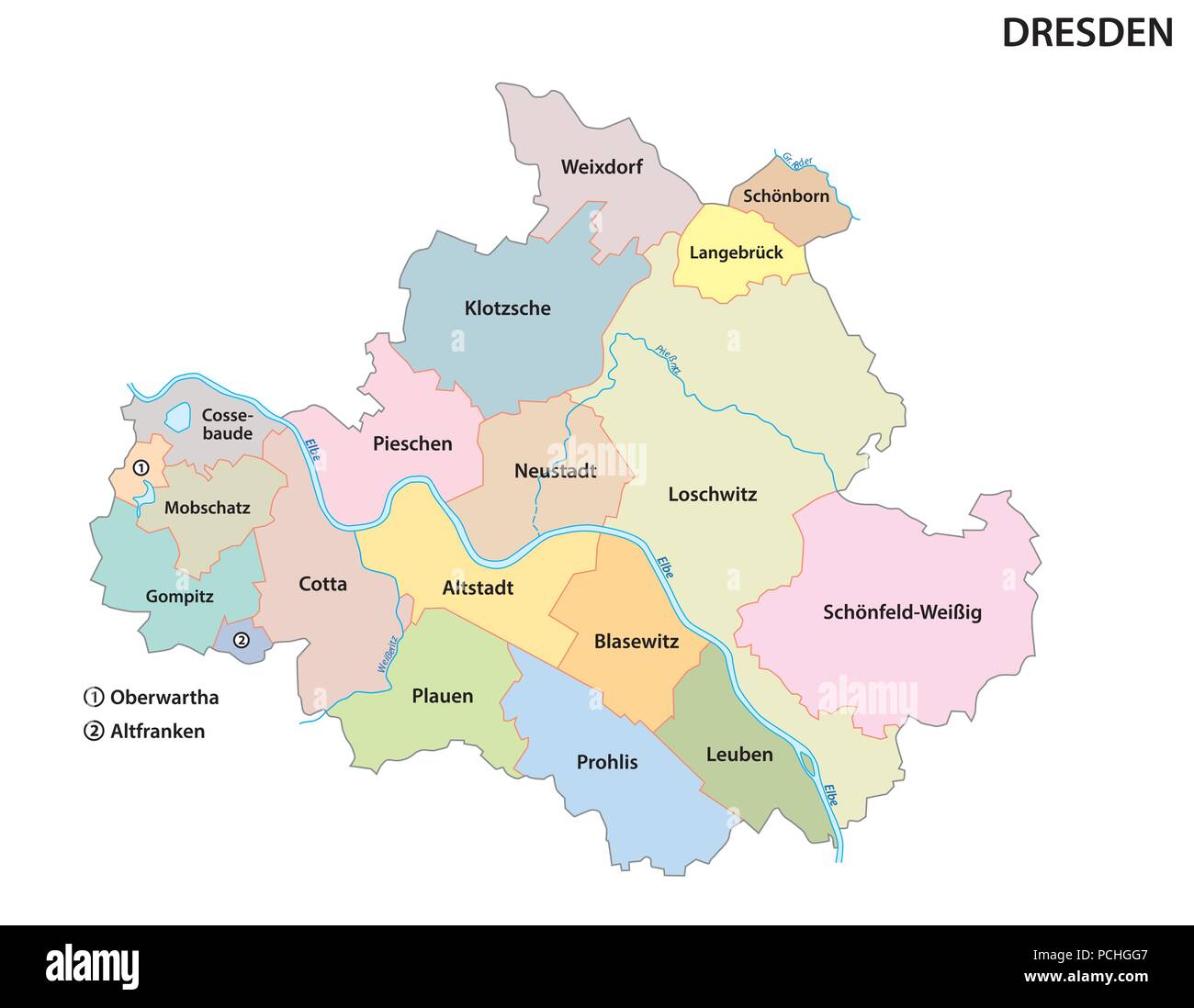 Dresden, administrative und politische Karte der sächsischen Hauptstadt