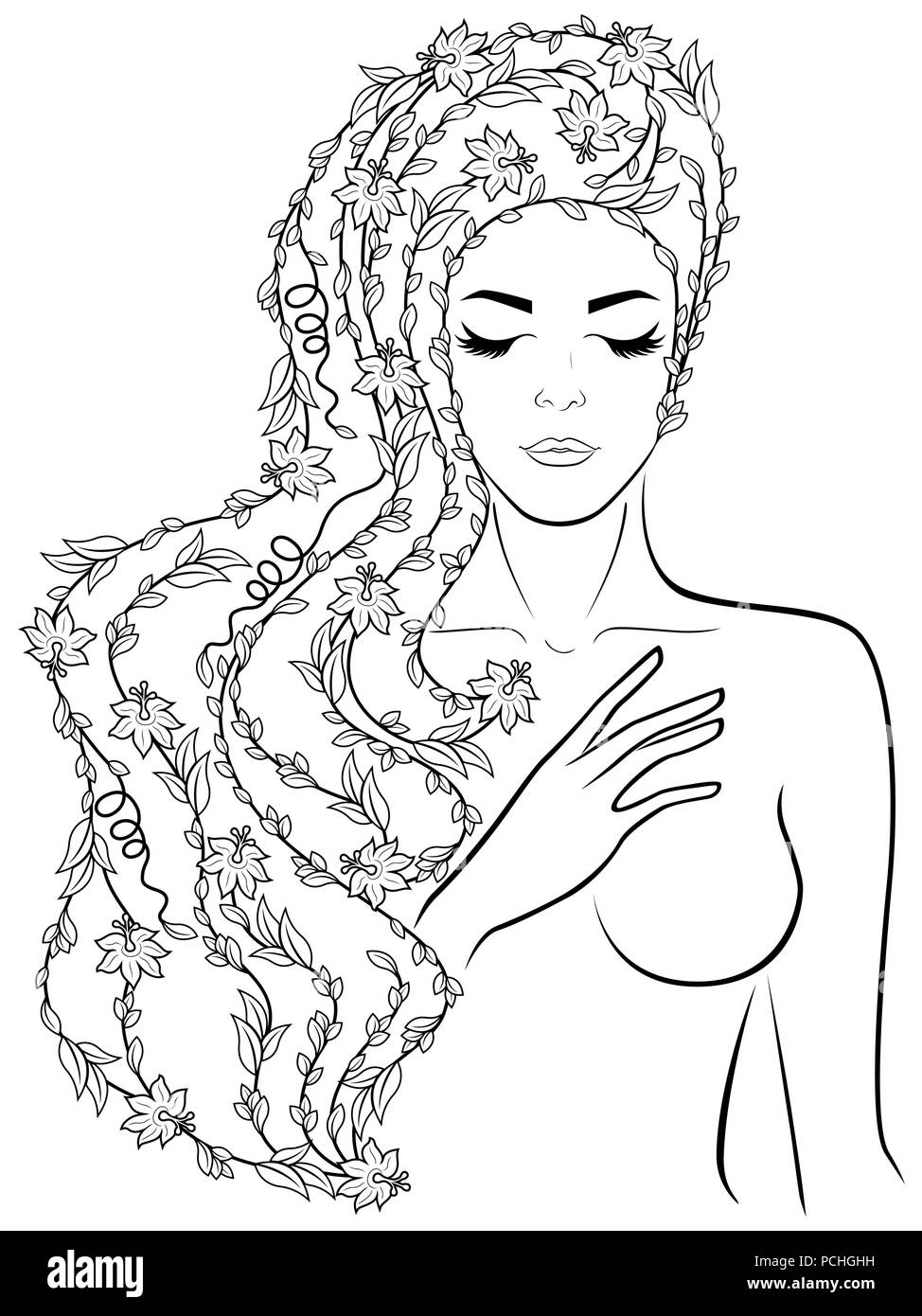 Schwarze Kontur von super hübsche Mädchen mit Blumen in den luxuriösen gewelltes Haar auf dem weißen Hintergrund, von Hand zeichnen Vektor Stock Vektor