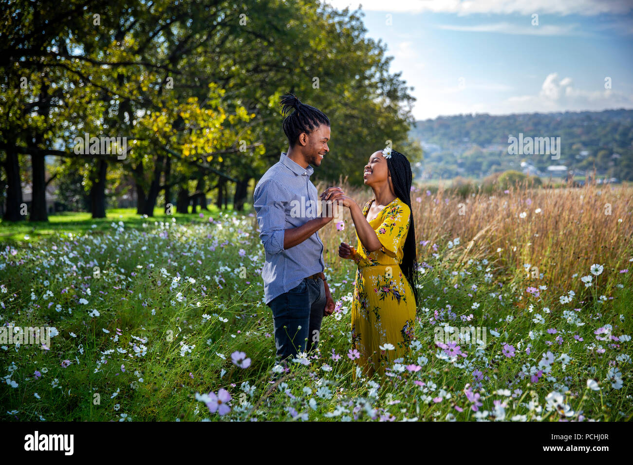 Paar Hände halten in einem Feld und Lachen Stockfoto