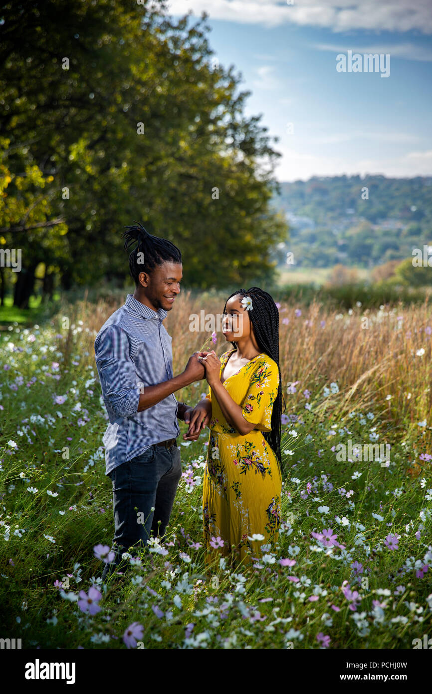 Paar Hände halten in einem Feld und lächelnd Stockfoto