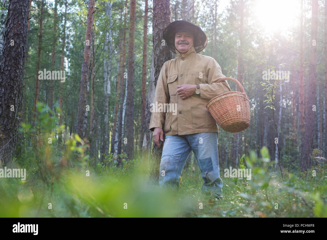 Reifer Mann picking gehen mit Korb in den Wald. Er ist auf der Suche um geniessen die frische Luft aus Holz. Stockfoto