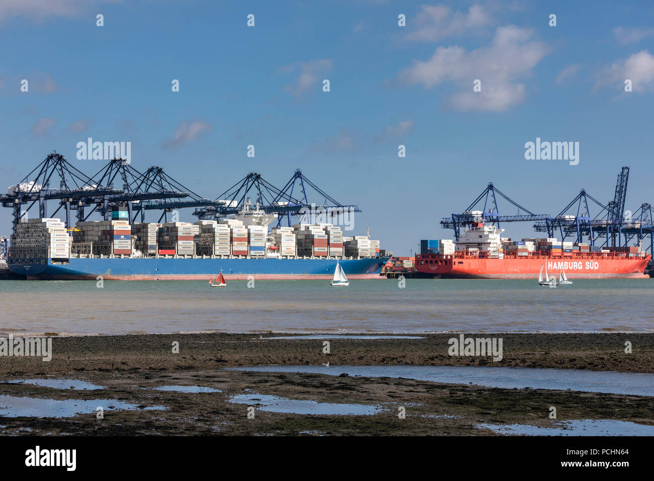 Ausländische Containerschiffe einschließlich deutsche Schiff Hamburg Sud am Hafen von Felixstowe Handhabung 42 % der britischen containerisierte Handel unter vorab Brexit Freihandelsabkommen regeln Stockfoto