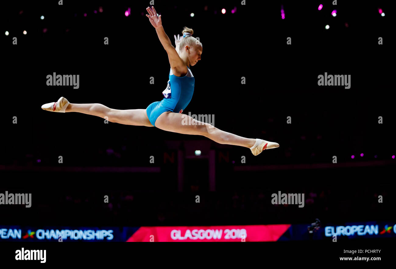 Georgiens Anna Subbotina am Balken während des ersten Tages der Europameisterschaft 2018 im SSE Hydro, Glasgow. DRÜCKEN SIE VERBANDSFOTO. Bilddatum: Donnerstag, 2. August 2018. Siehe PA Story Sport European. Das Foto sollte lauten: John Walton/PA Wire. EINSCHRÄNKUNGEN: Nur für redaktionelle Zwecke, keine kommerzielle Nutzung ohne vorherige Genehmigung Stockfoto