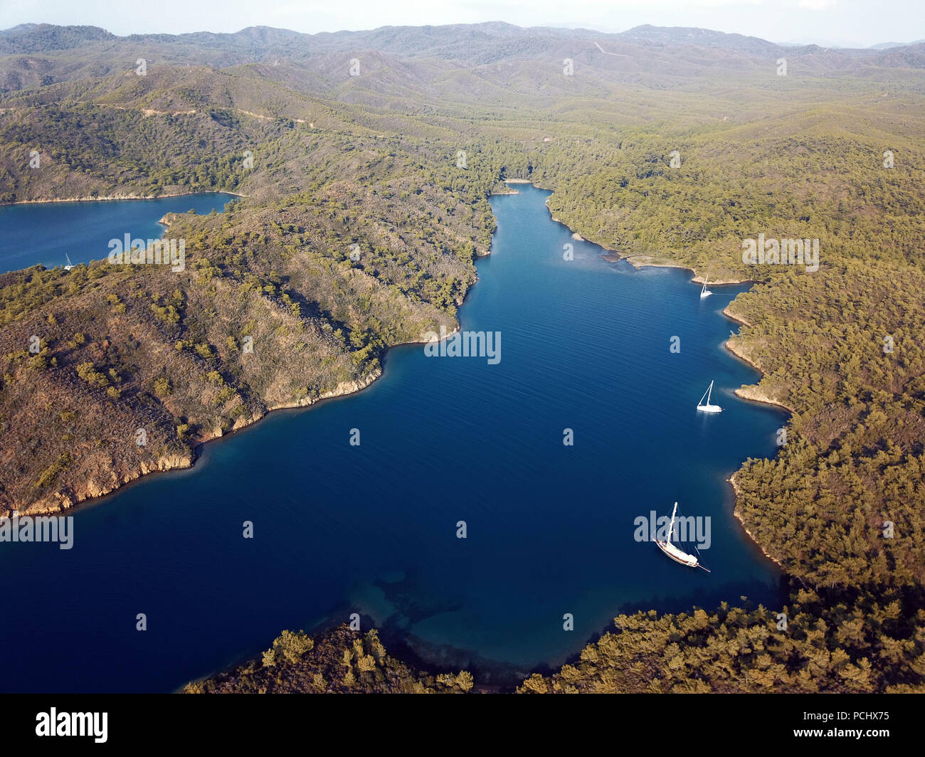 Luftaufnahme von sakli Koy in Gökova Yediadalar Marine Protected Area Türkei Stockfoto