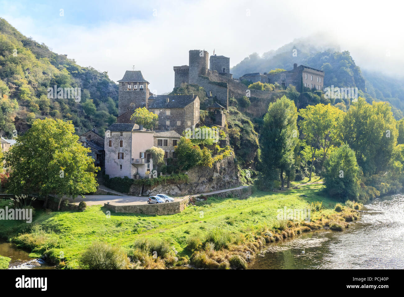 Frankreich, Aveyron, Midi-Pyrenäen, Parc Naturel Regional des Grands Causses (Natural Regional Park des Grands Causses), Brousse le Chateau, beschriftet Les Plu Stockfoto