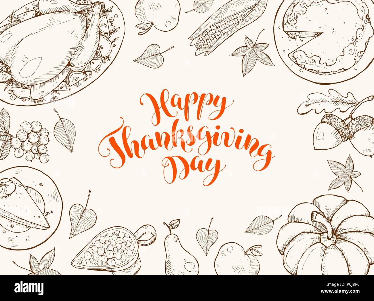 Happy Thanksgiving Day Grußkartenvorlage. Danksagung Poster mit gebratener Truthahn, Pumpkin Pie und aconrs Skizzen. Horizontale Komposition mit t Stock Vektor
