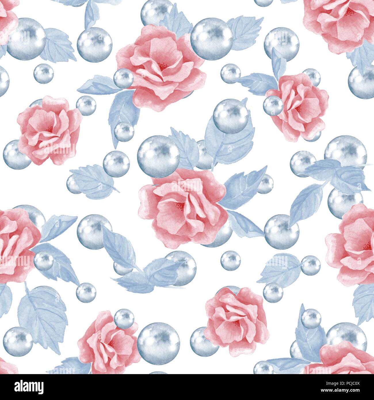 Aquarell Blumen nahtlose Muster. Blüten und Perlen Stockfoto