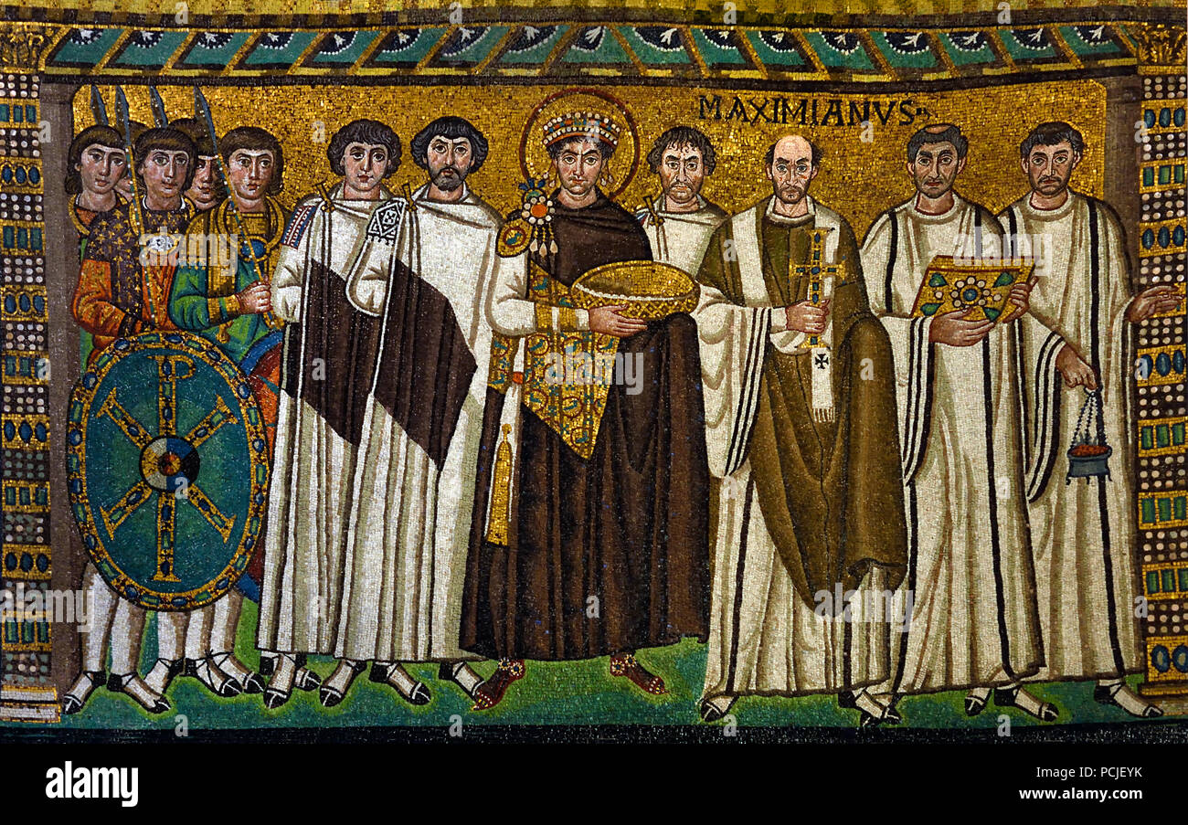Kaiser Justinianus in der Basilika von San Vitale 547 AD 6. Jahrhundert in Ravenna - Mosaiken (späte römische und byzantinische Architektur,) Emilia-Romagna - Nördliche Italien. (UNESCO Weltkulturerbe) Stockfoto