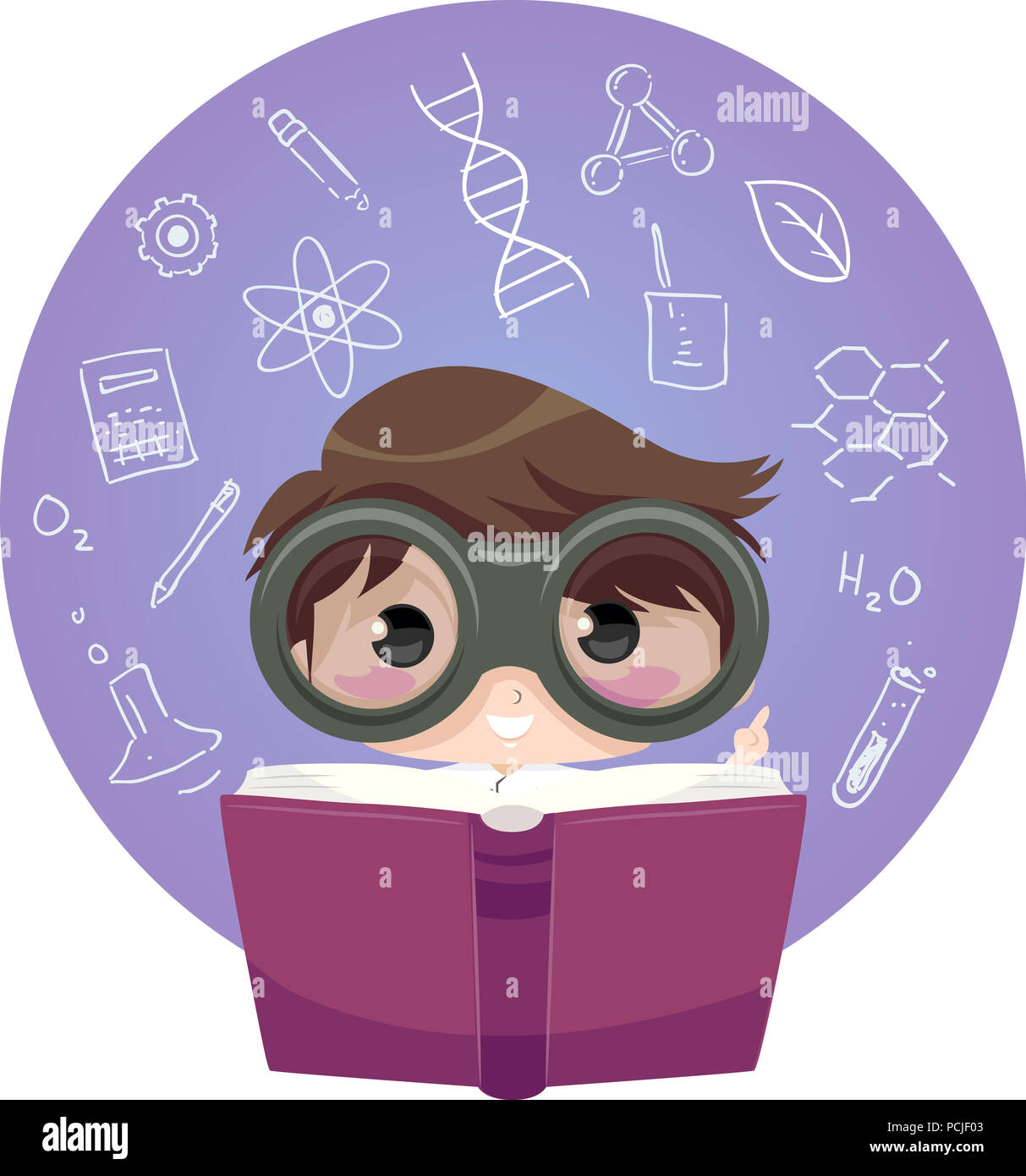 Abbildung: ein Kind Junge Wissenschaftler mit ein offenes Buch mit verschiedenen chemischen Elemente Stockfoto