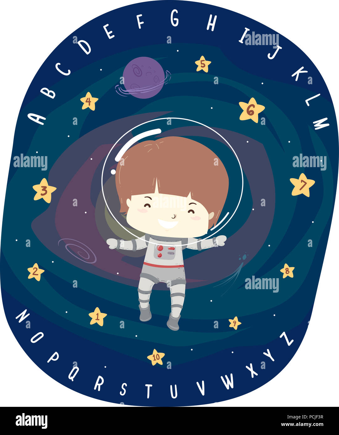 Abbildung: ein Kind Junge Astronaut im Weltraum schweben mit dem Alphabet Stockfoto