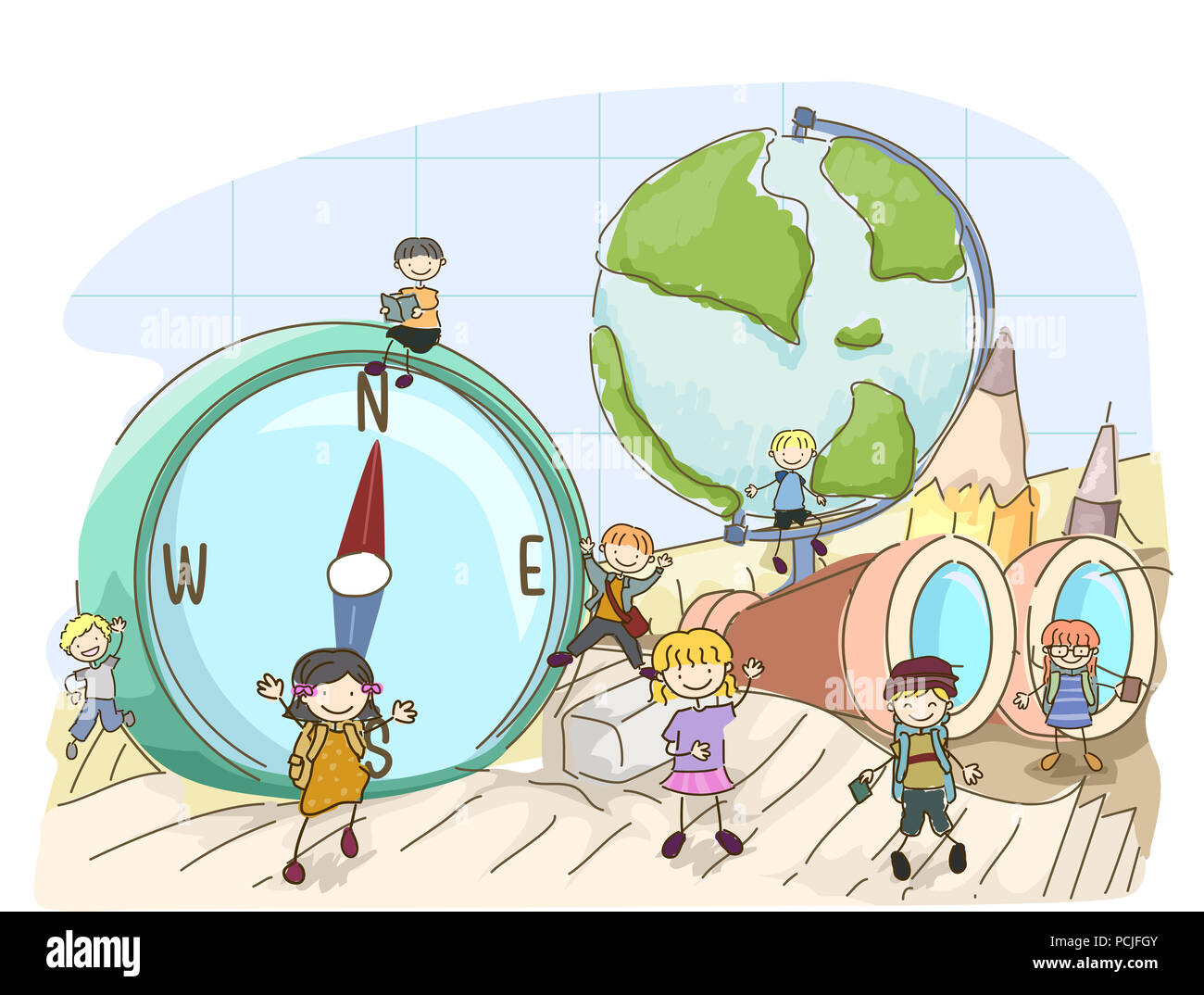 Abbildung: Stickman Kinder unter Geographie Elemente aus Kompass, Globus zu Fernglas Stockfoto