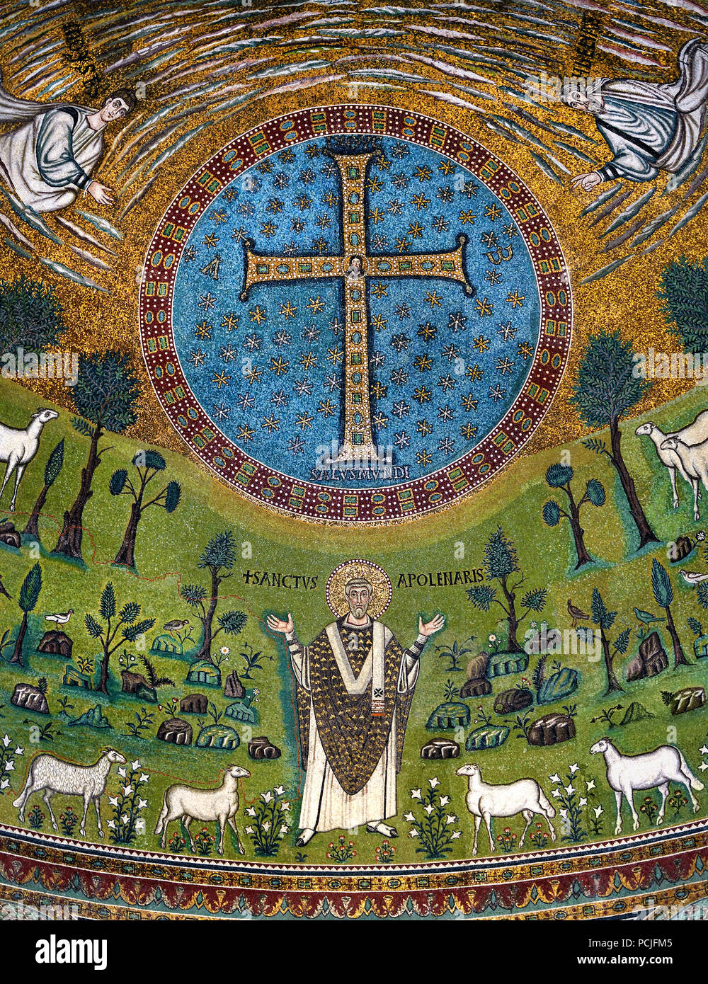 6./7. Jahrhunderts byzantinischen Mosaiken in Sant'Apollinare in Classe, Apsis mit Christus und Herde von Schafen Ravenna (späte römische und byzantinische Architektur,) Emilia-Romagna - Nördliche Italien. (UNESCO Weltkulturerbe) Stockfoto