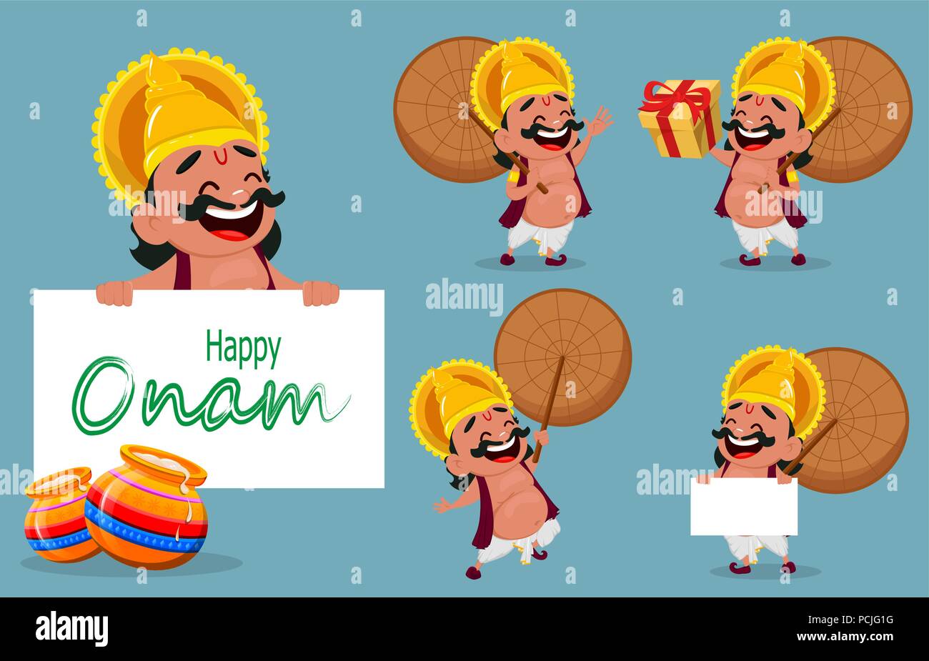 Onam fest. König Mahabali holding Regenschirm, der fünf Posen. Happy Onam Festival in Kerala. Vector Illustration Stock Vektor