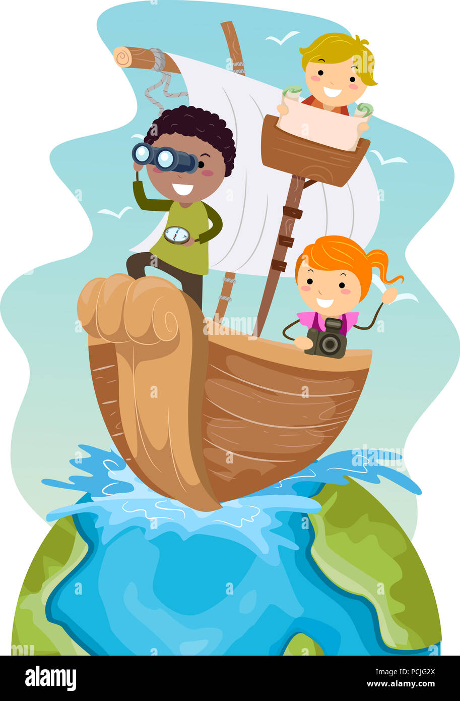 Abbildung: Stickman Kinder Segeln in ein Boot auf der Erde Stockfoto