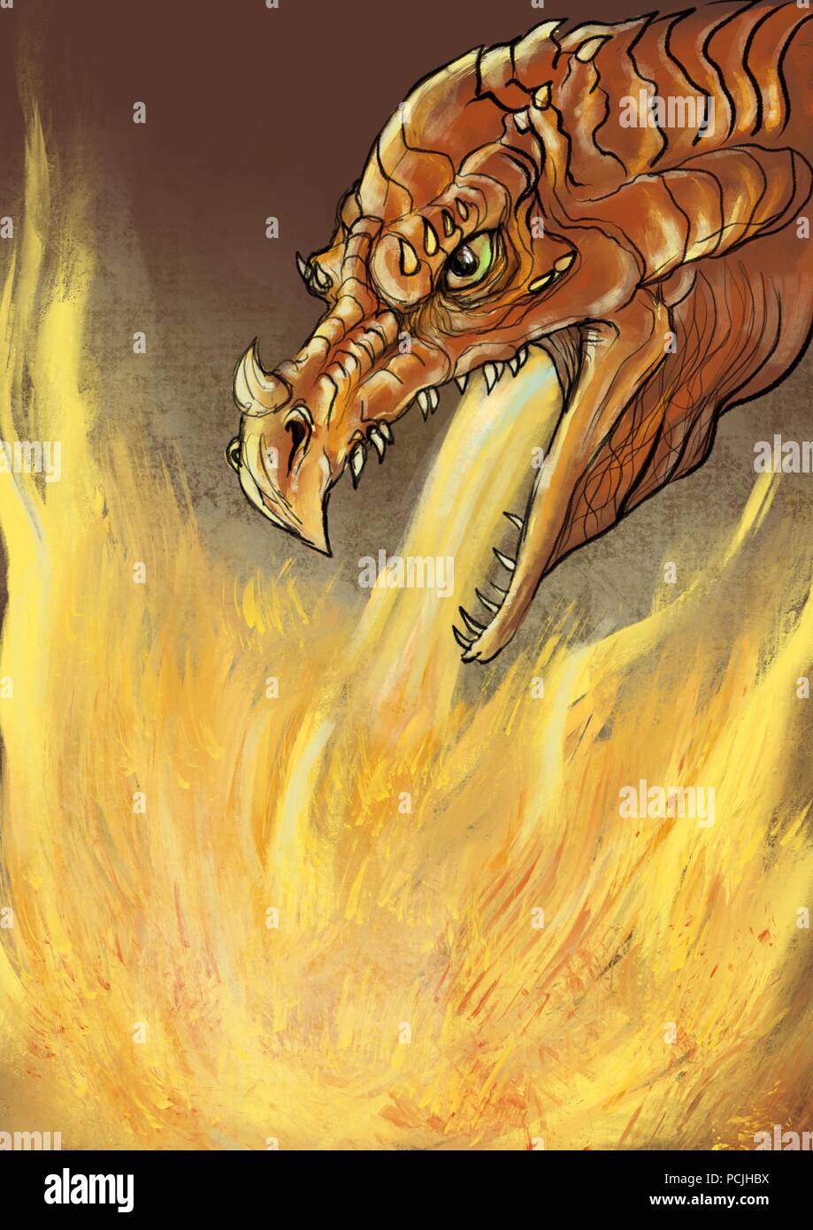 Illustration Dragon Head Breathing Fire Stockfotos Und Bilder Kaufen Alamy