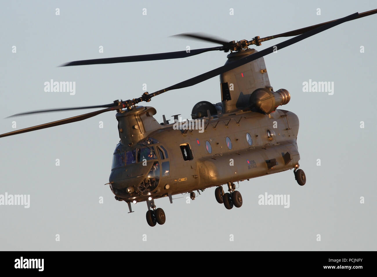 RAF Chinook HC6 von odiham Abfahrt Wattisham Flugplatz in Suffolk in der Dämmerung nach einem kurzen Stop zu tanken. Stockfoto