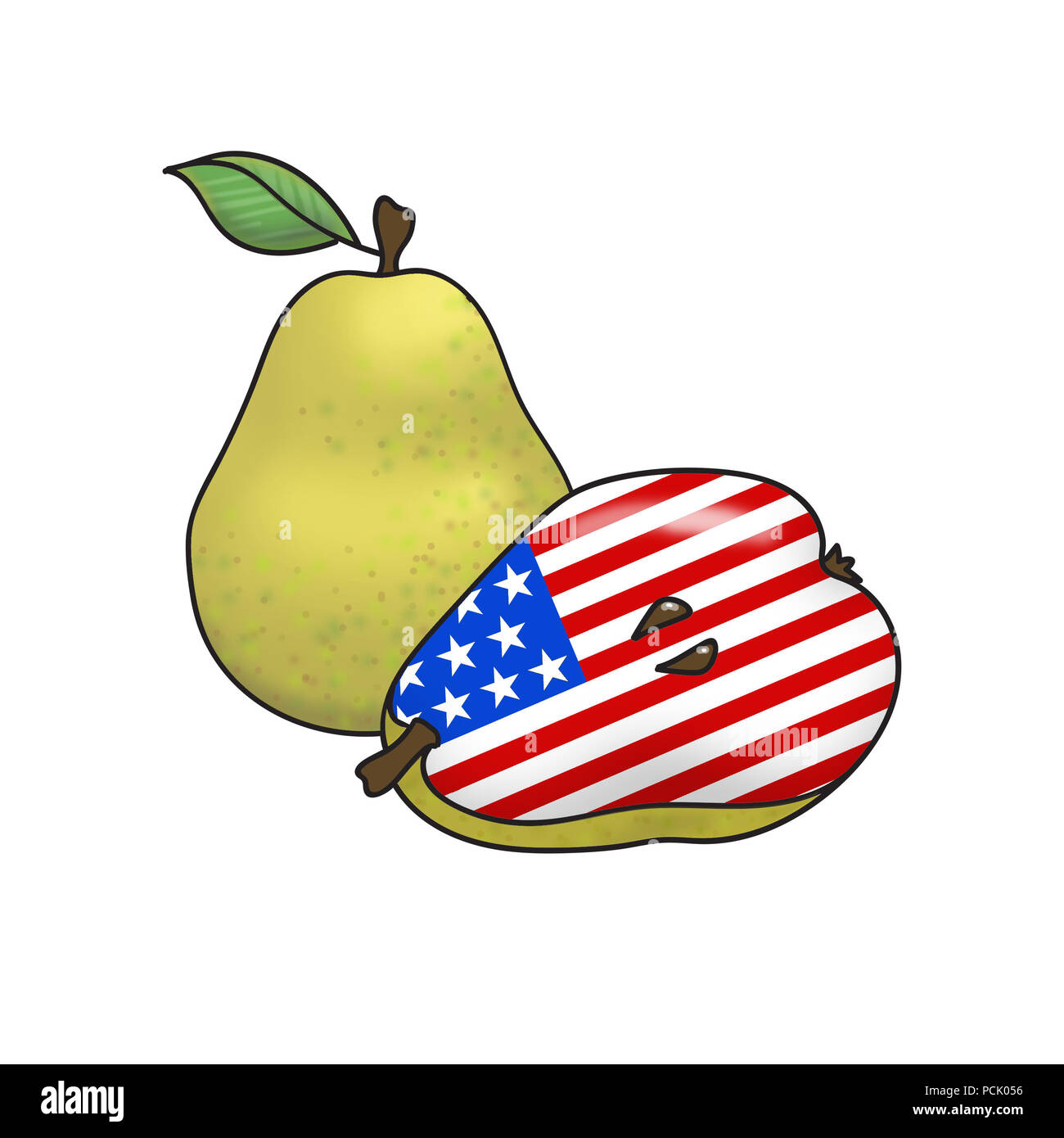 Abbildung: Birnen, einer in Scheiben geschnittenen öffnen eine amerikanische Flagge im Inneren zu offenbaren, vor einem weißen Hintergrund. Stockfoto