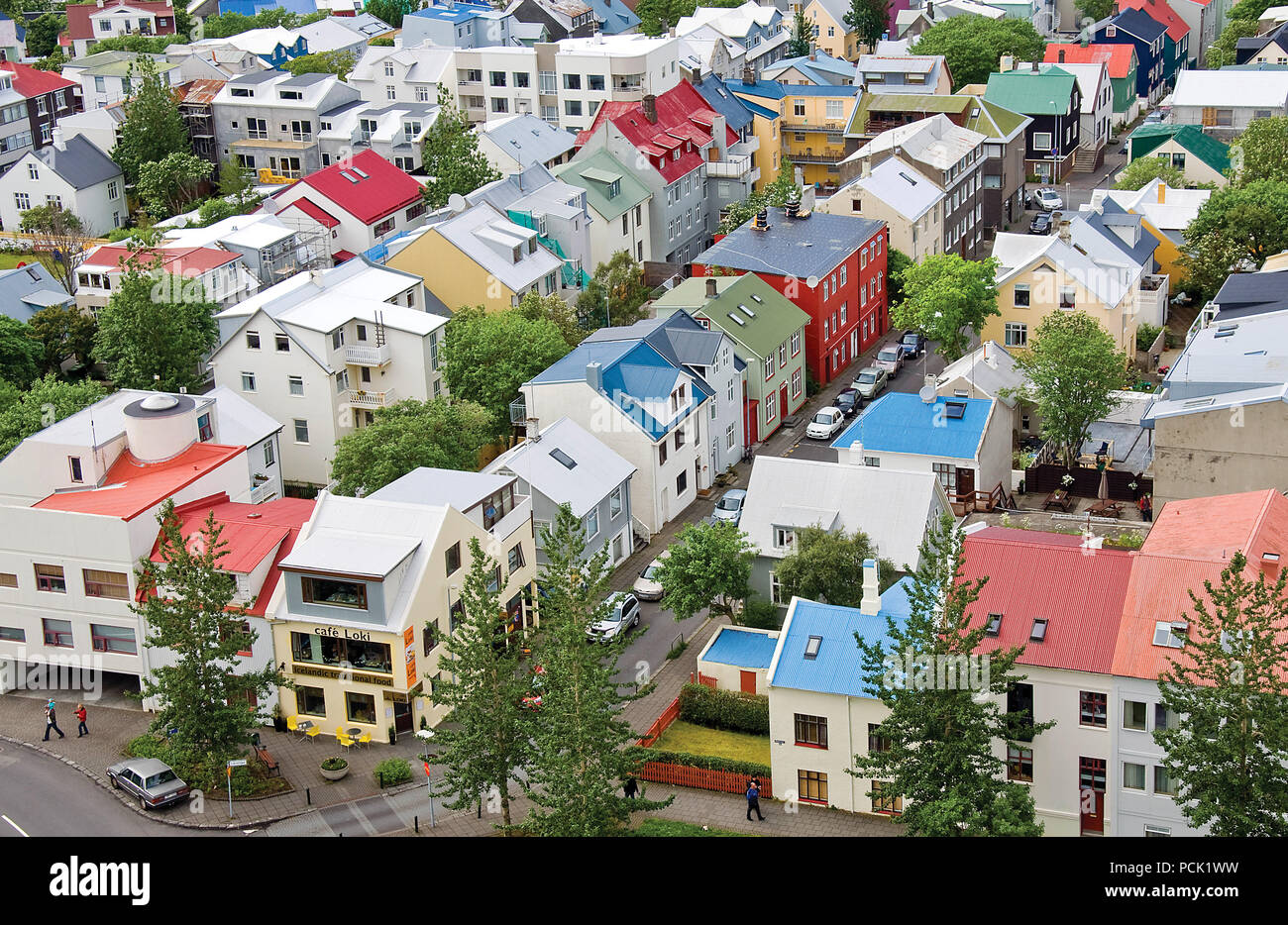 Hauptstadt von Island, Reykjavik, Blick von der Hallgrimskirkja Kirche Stockfoto