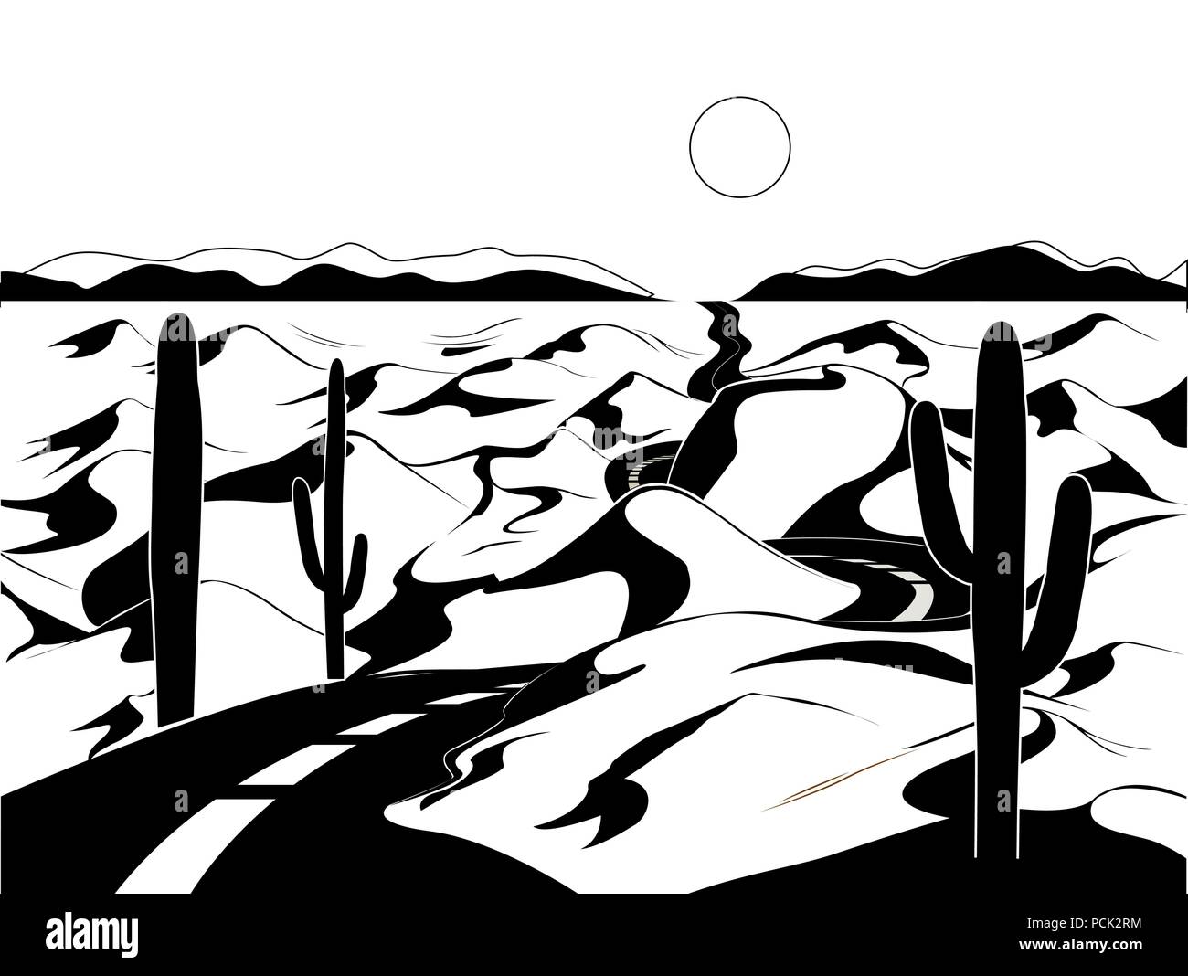Vektor Wüstenlandschaft mit Sanddünen, Kakteen, Straße, und Sonne. Schwarz und weiß Abbildung: Stock Vektor