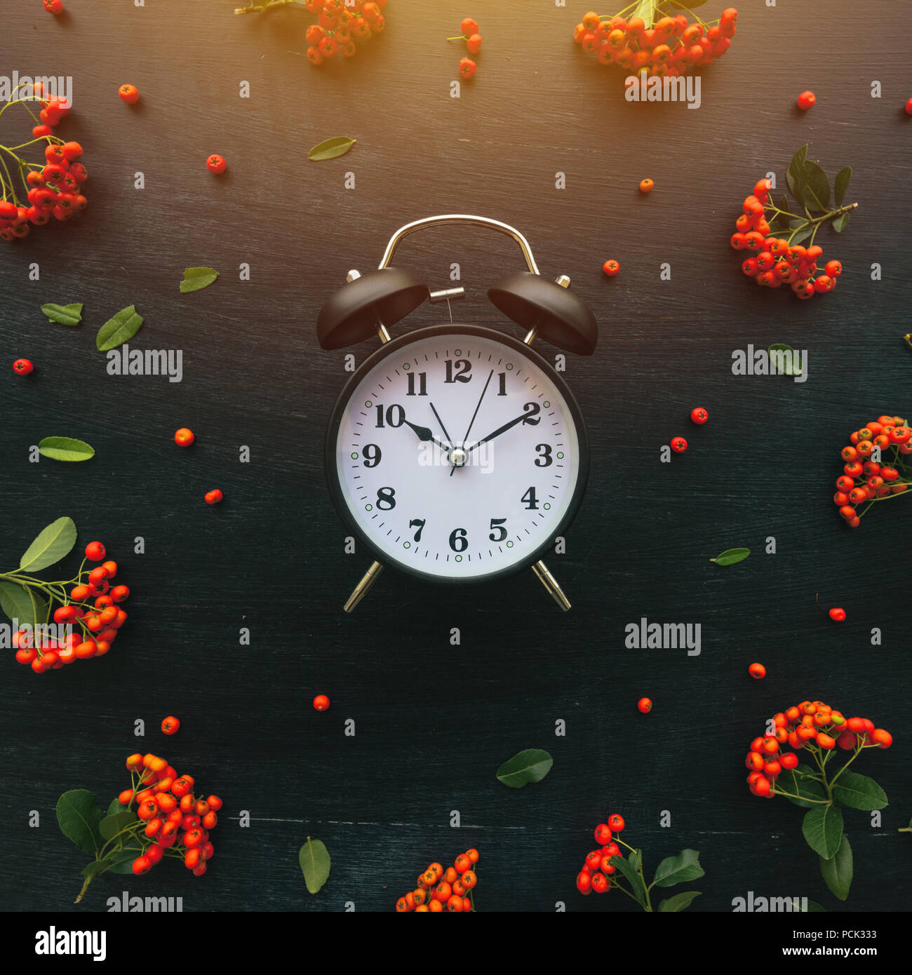 Zehn vergangenen zehn auf Wecker, flach Draufsicht minimale Zusammensetzung der Zeitmesser auf dunklem Hintergrund mit retro Blumenschmuck platziert Stockfoto