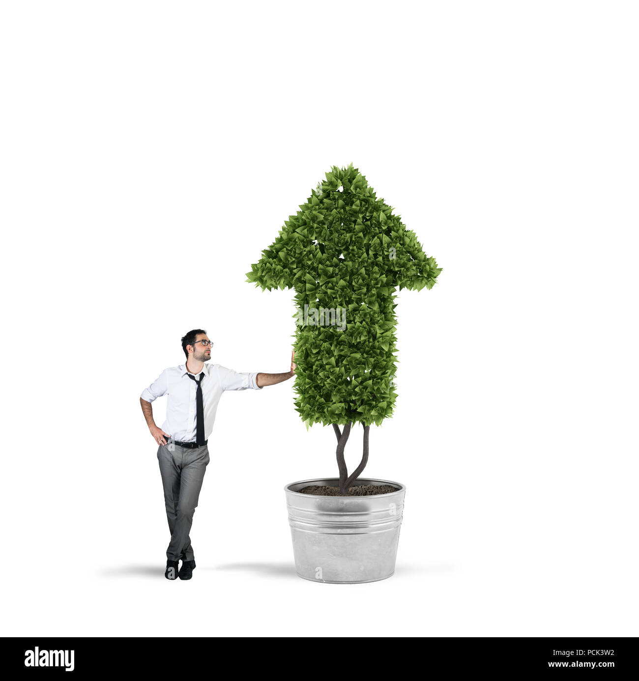 Unternehmer, die pflegt eine Pflanze mit einer Form der Pfeil. Konzept der Anbau von Unternehmen Wirtschaft. Stockfoto