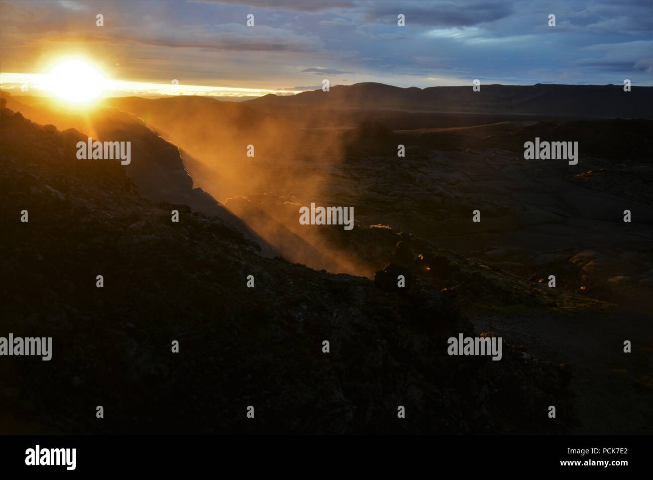 Sonnenuntergang an der Krafla Lavafelder in Island Stockfoto