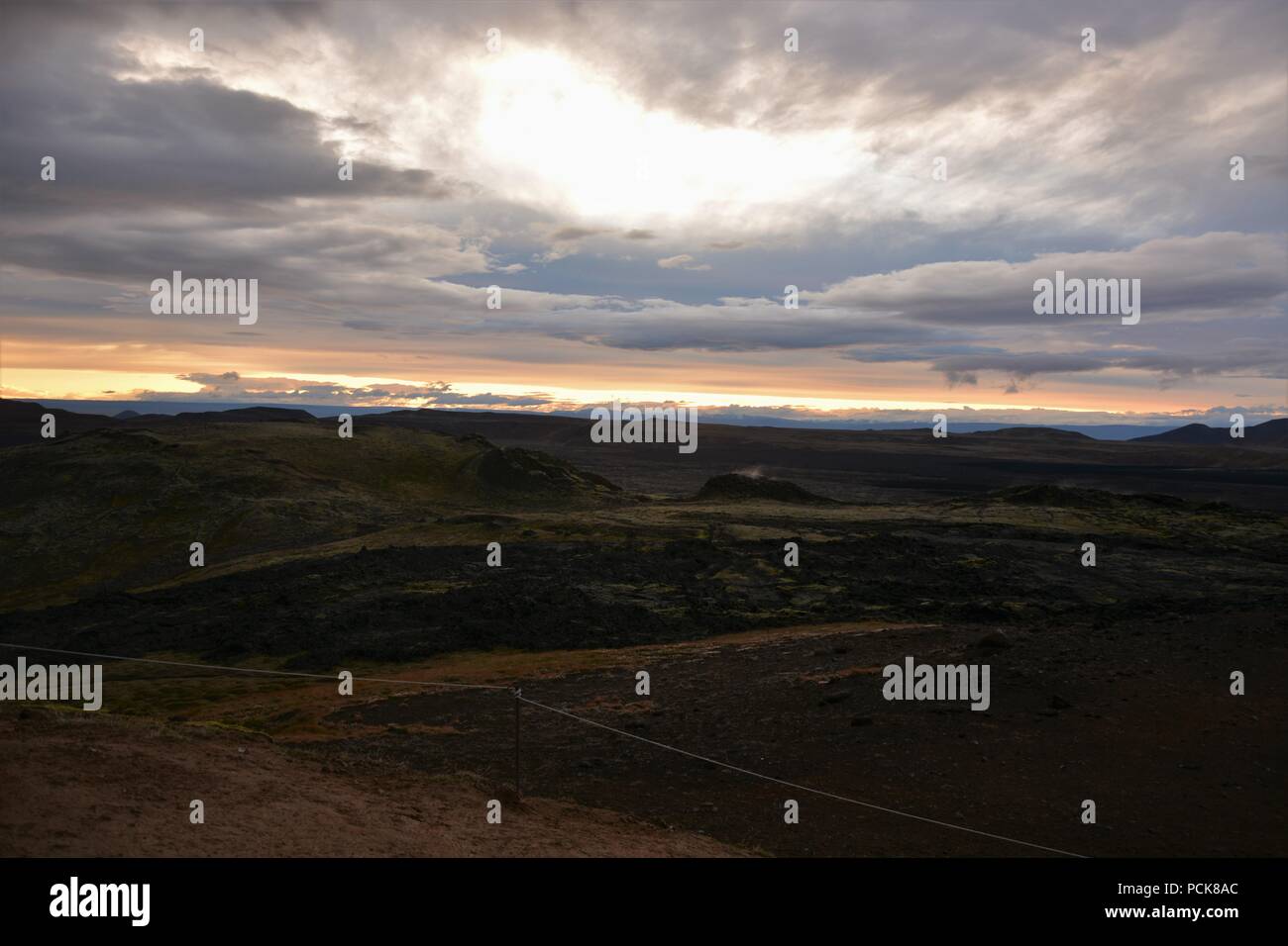 Sonnenuntergang an der Krafla Lavafelder in Island Stockfoto