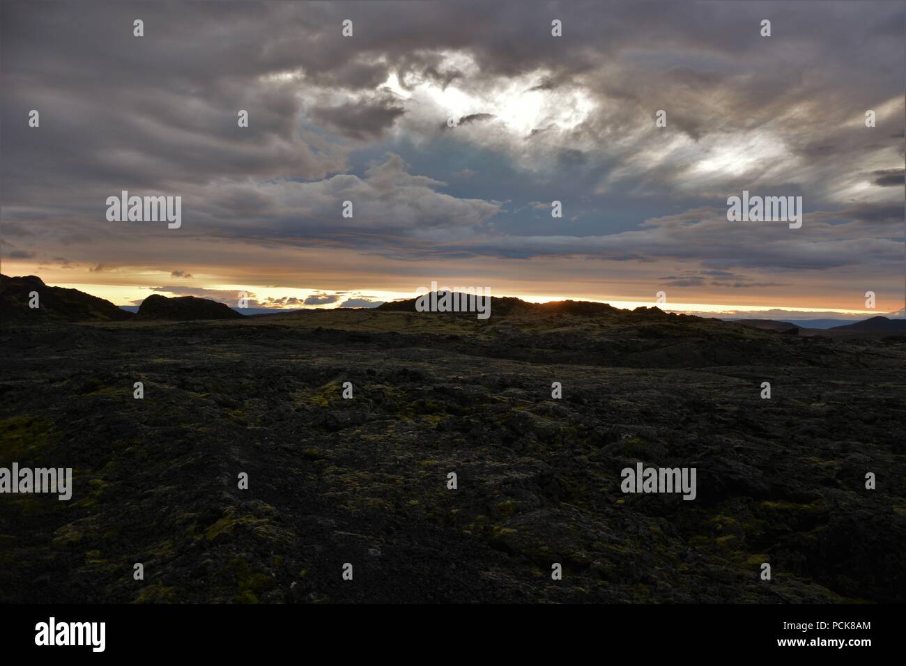 Sonnenuntergang an der Krafla Lavafelder in Island Stockfoto