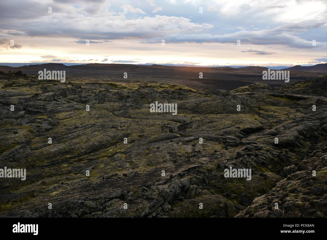 Sonnenuntergang an der Krafla Lavafelder in Island Stockfoto