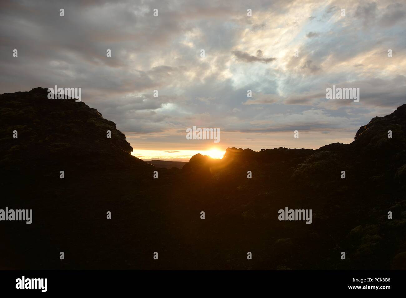 Sonnenuntergang an der Krafla Lavafelder in Island Stockfoto