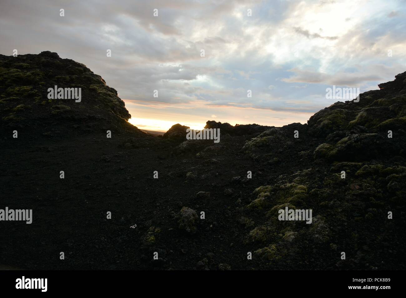 Sonnenuntergang an der Krafla Lavafelder in Island Stockfoto