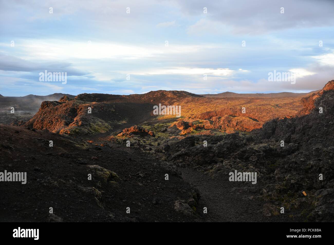 Sonnenuntergang an der Krafla Lavafelder in Island Stockfoto