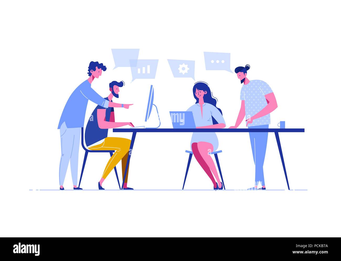 Treffen Geschäftsleute in einem flachen Stil. Team diskutiert soziale Netzwerk, News, Chat, dialog Sprechblasen in der Nähe von Ihnen, neue Projekte zu verhandeln. Diskussion der Geschäftsstrategie des Unternehmens. Vektor Stock Vektor