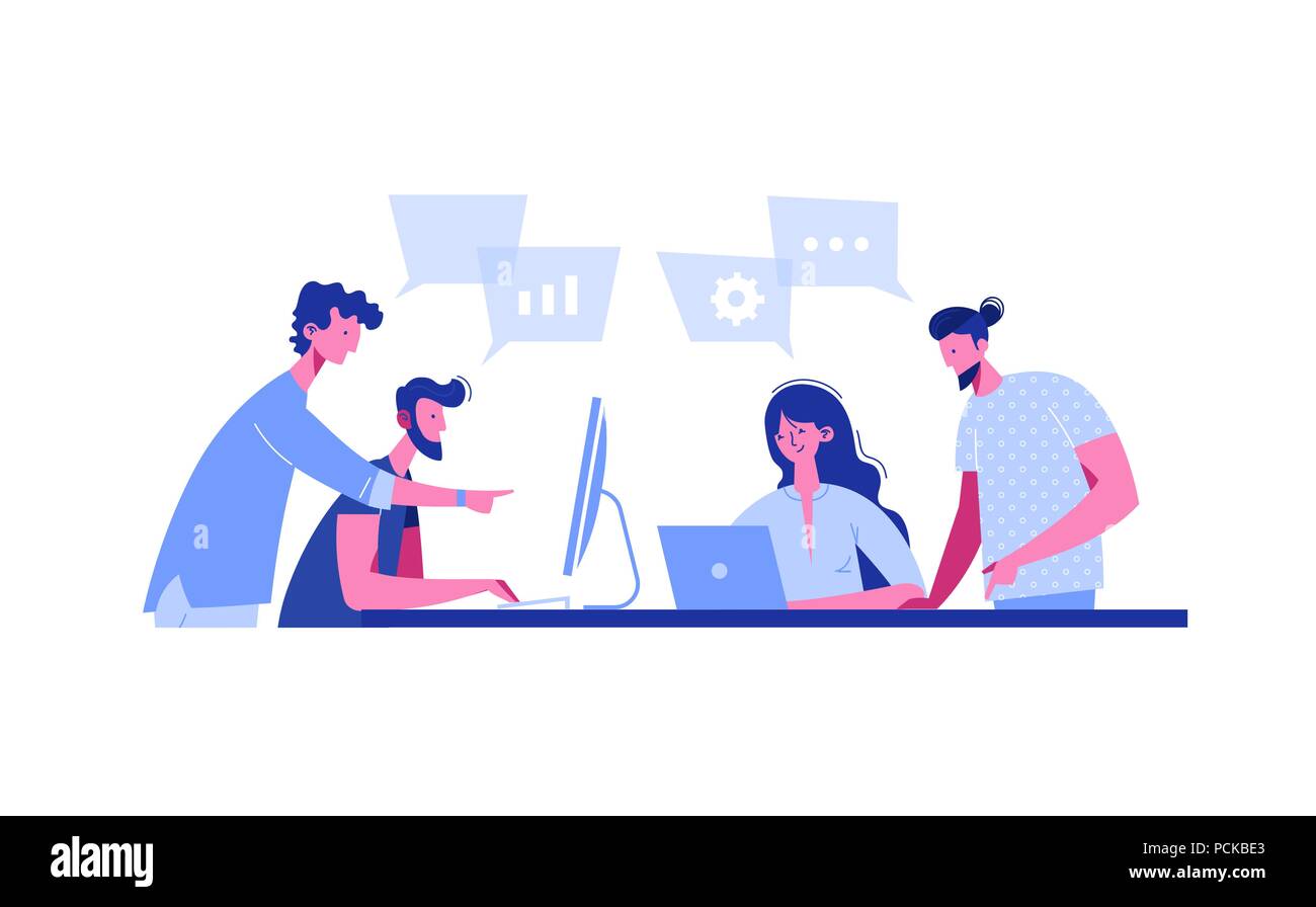 Start Sitzung in einem flachen Stil. Team diskutiert soziale Netzwerk, News, Chat, dialog Sprechblasen in der Nähe von Ihnen, neue Projekte zu verhandeln. Diskussion der Geschäftsstrategie des Unternehmens. Vektor Stock Vektor