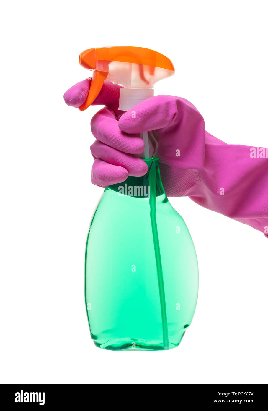 Reinigungsmittel mit der Spritze in der Hand auf weißem Hintergrund isoliert Stockfoto