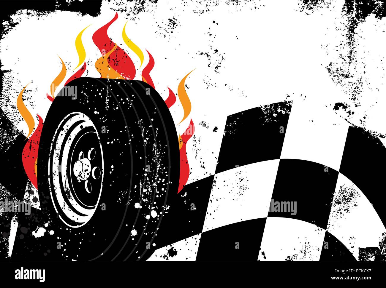 Racing Hintergrund ein rennen Auto Reifen vor Flammen und einem karierten Flagge Stock Vektor