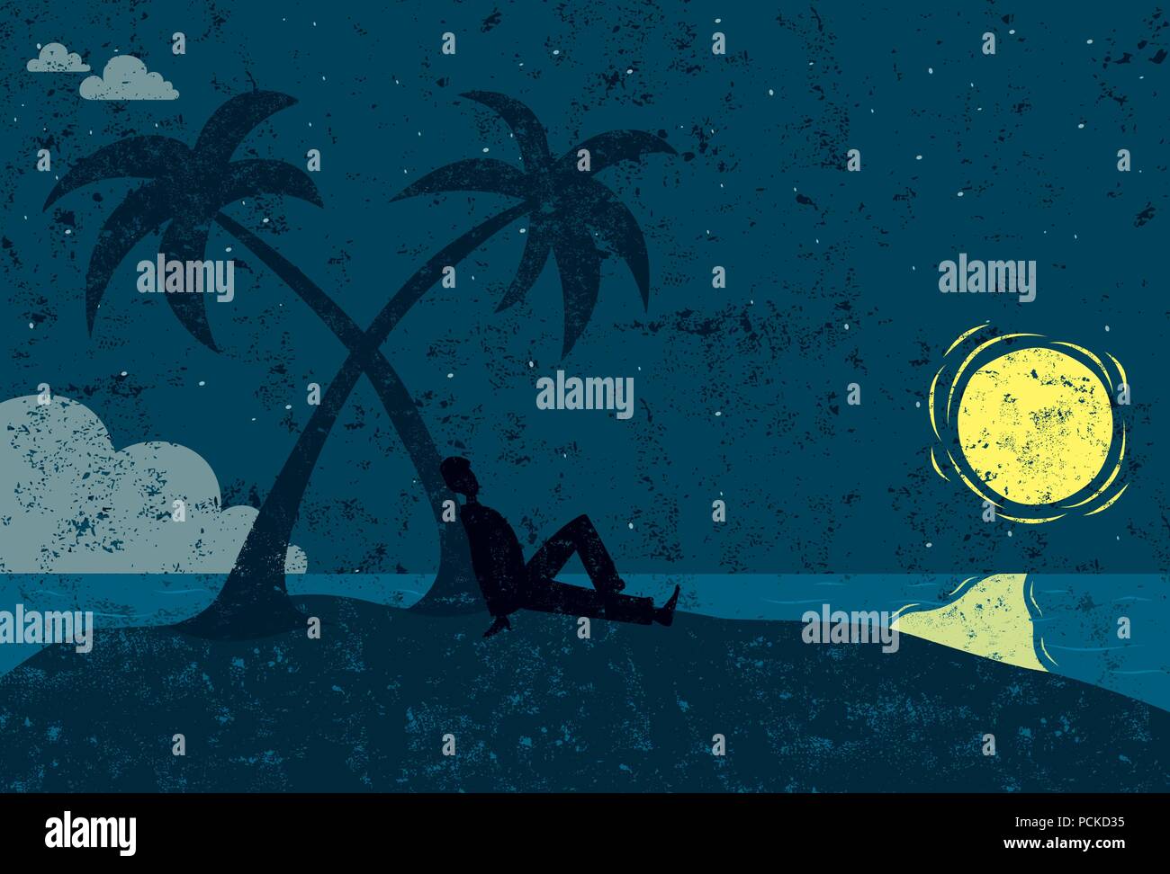 Mann auf einer Insel Silhouette sitzt ein Mann in der Nähe einer Palme auf einer einsamen Insel am Mond suchen. Stock Vektor