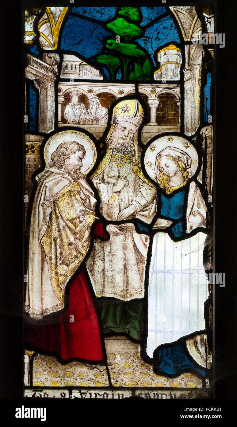Verlobung der Jungfrau Maria Glasmalerei, St. Mary's Church, Welford, Northamptonshire, England, Großbritannien Stockfoto