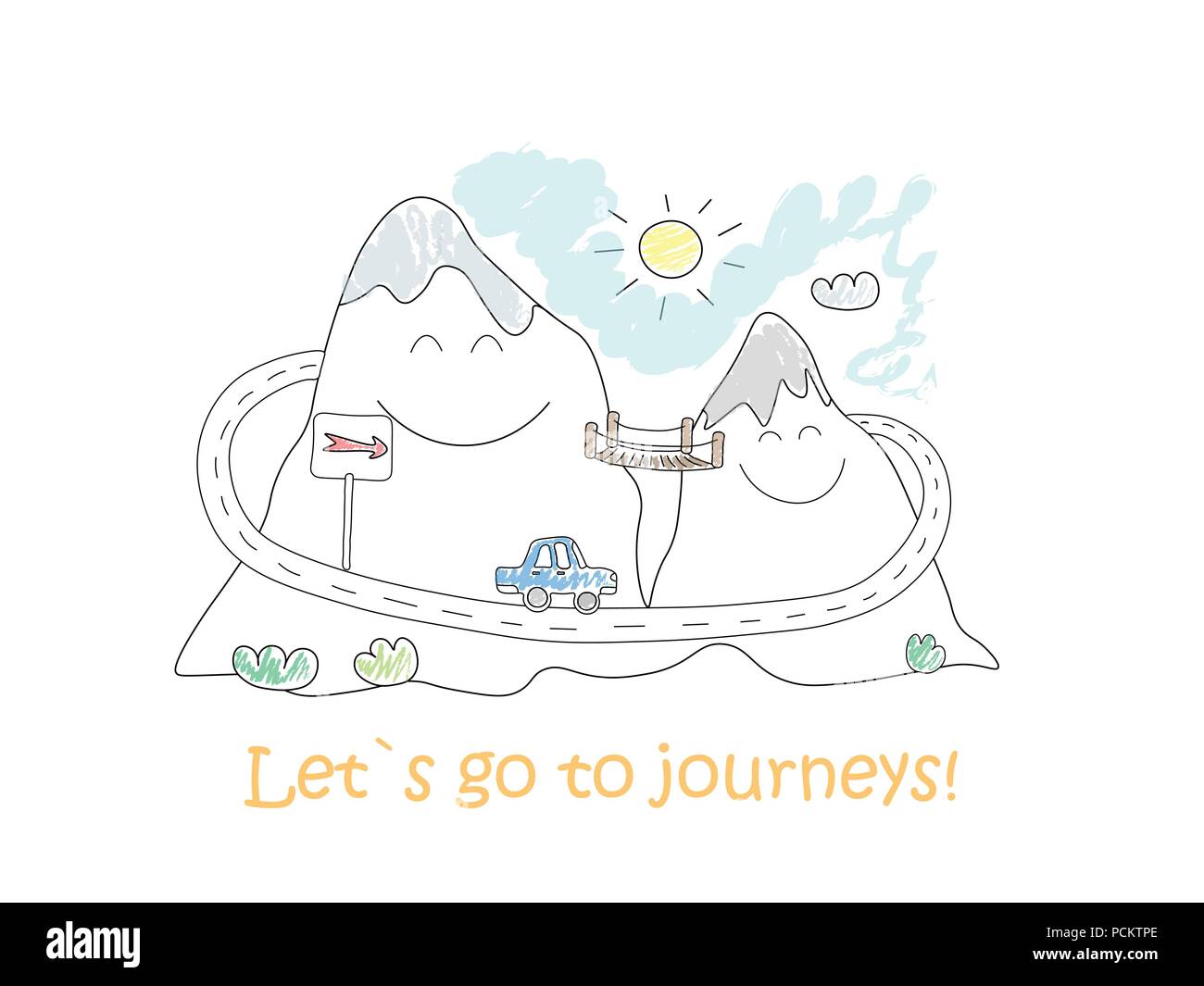 Road Trip doodle. Berglandschaft für Reise. Comic Charakter. Vector EPS 10. Stock Vektor