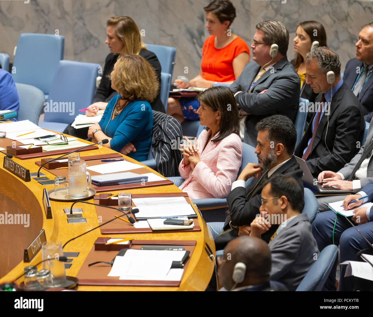 New York, Vereinigte Staaten. 02 Aug, 2018. Botschafter Nikki Haley Vertreter der USA in der UNO nimmt an Tagung des Sicherheitsrates zur Situation im Jemen am Hauptsitz der Vereinten Nationen Quelle: Lev Radin/Pacific Press/Alamy leben Nachrichten Stockfoto