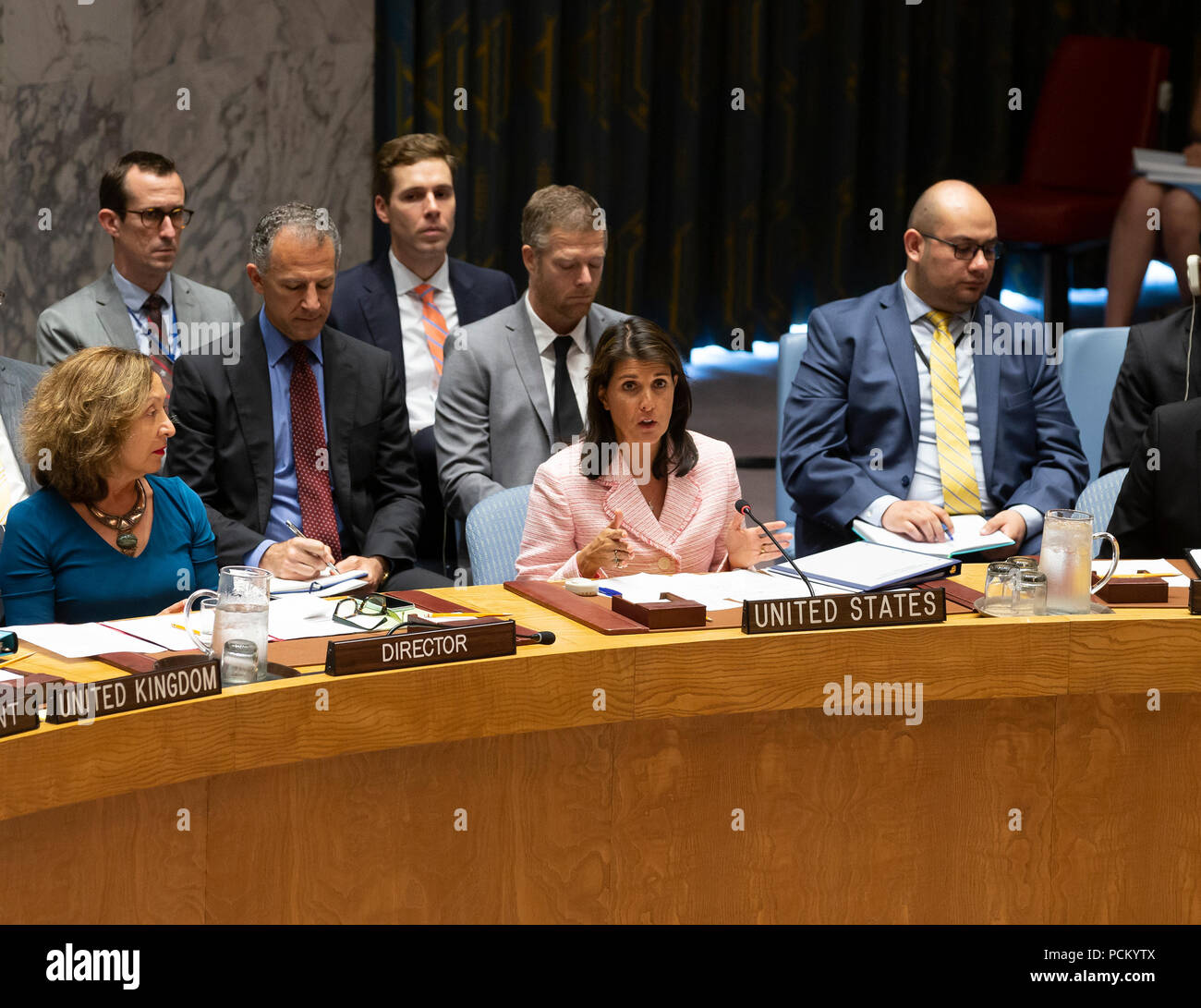 New York, Vereinigte Staaten. 02 Aug, 2018. Botschafter Nikki Haley Vertreter der USA in der UNO nimmt an Tagung des Sicherheitsrates zur Situation im Jemen am Hauptsitz der Vereinten Nationen Quelle: Lev Radin/Pacific Press/Alamy leben Nachrichten Stockfoto