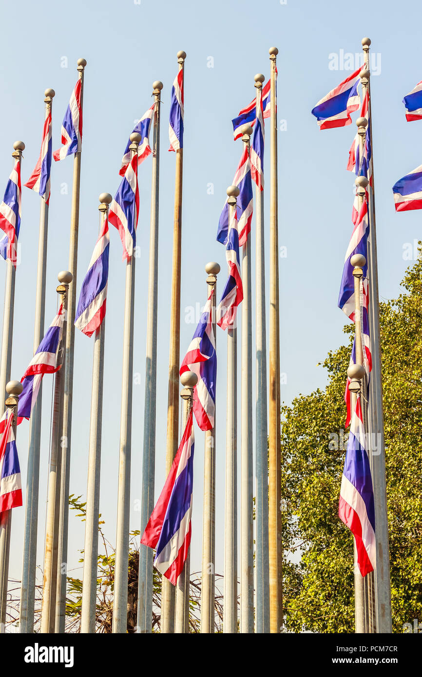 Wunderschöne Aussicht auf Thai nationale Flaggen auf der Pole im Queen Sirikit National Convention Center in Bangkok, Thailand. Stockfoto