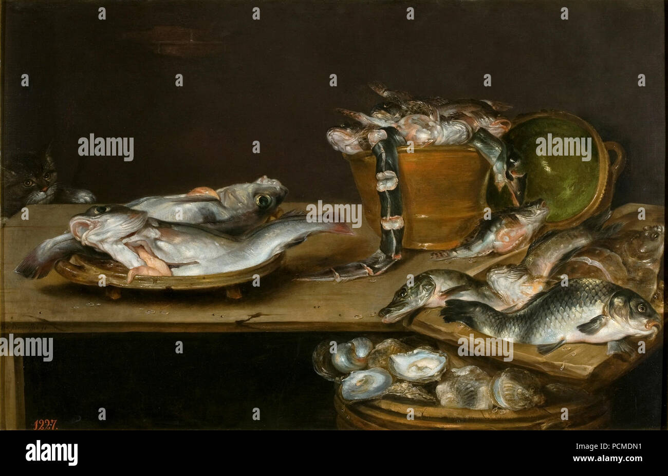 Alexander Adriaenssen - Stillleben der Tisch mit Fisch, Austern und eine Katze. Stockfoto