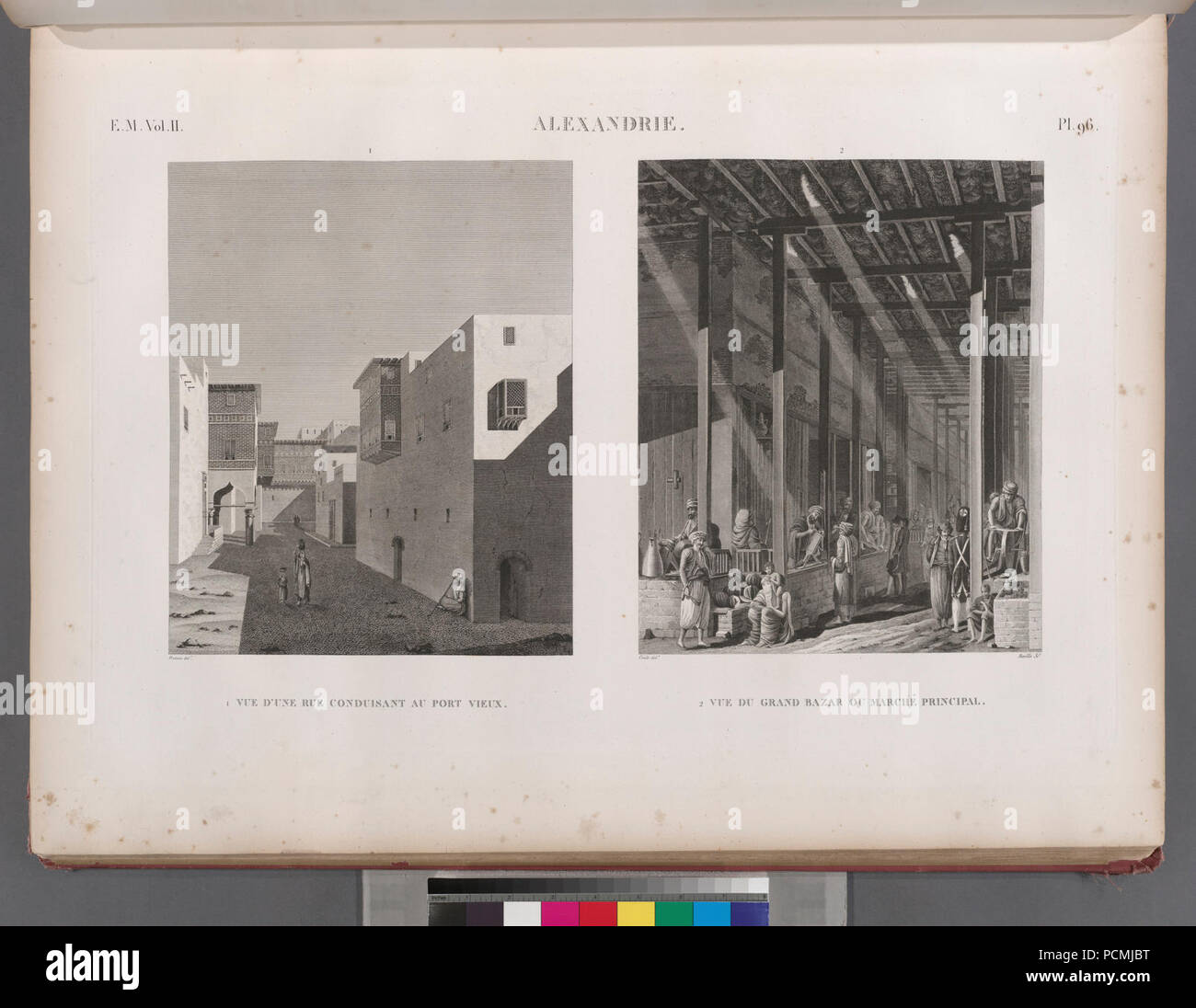 Alexandrie (Alexandria). 1. Vue d'une rue conduisant Au Vieux Port; 2. Vue du Grand Bazar ou marché Principal Stockfoto