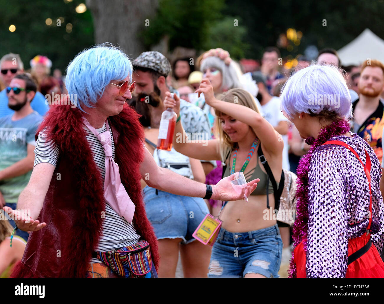 Dorset, Großbritannien. 3. August 2018. Bestival Festival Tag 1 - 3 August 2018. Menge Gruppe von Menschen in bunten Perücken und Kostümen, Lulworth, Dorset, UK Credit: Dawn Fletcher-Park/Alamy leben Nachrichten Stockfoto